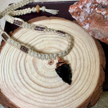 Load image into Gallery viewer, Black Obsidian Arrowhead Necklace – Copper Wrapped Hemp Necklace, Men's Primitive Jewelry
