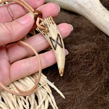 Load image into Gallery viewer, Handmade Viking rune necklace with carved antler pendant.
