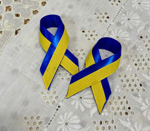 Load image into Gallery viewer, Ukraine Awareness Ribbon Pin – Blue &amp; Yellow Satin Support Badge | I Stand With Ukraine
