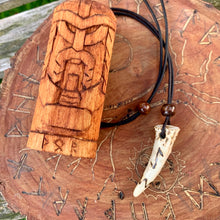 Load image into Gallery viewer, Viking Pendant Carved Deer Antler with Runes - Good Luck Charm - Eihwaz Rune- Norse/Warrior/World Tree/Amulet - Leather Necklace
