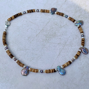 Wave Rider Necklace – Coastal Beaded Unisex Choker - Coconut Shells and Pearls