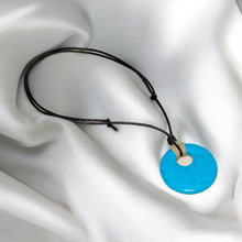 Load image into Gallery viewer, Leather Necklace With Large Turquoise Magnesite Donut And Hemp
