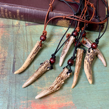 Load image into Gallery viewer, Natural Deer Antler Tip Necklace, Adjustable Leather Cord, Rustic Woodland Pendant, Handmade Nature Jewelry
