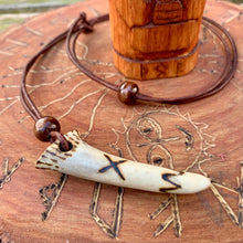 Load image into Gallery viewer, Viking Pendant Carved Deer Antler with Runes - Good Luck Charm - Gebo Rune- Norse/Warrior/Gift/Amulet - Leather Necklace
