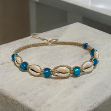 Load image into Gallery viewer, Hemp Necklace Natural with Cowrie Shells and Blue Beads
