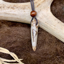 Load image into Gallery viewer, Handmade Viking rune necklace with carved antler pendant.
