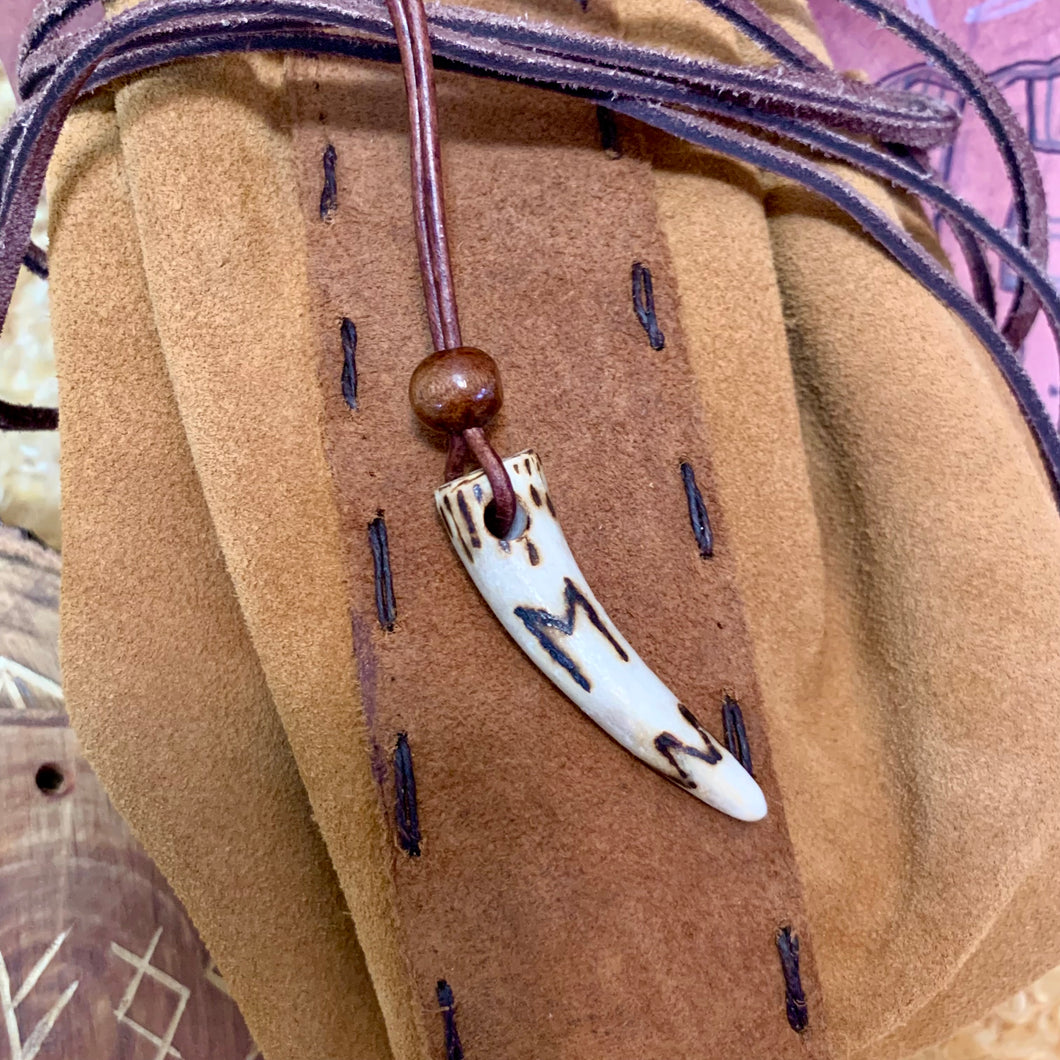 Viking Pendant Carved Deer Antler with Runes - Good Luck Charm - Ehwaz Rune- Norse/Warrior/Partnership/Amulet - Leather Necklace