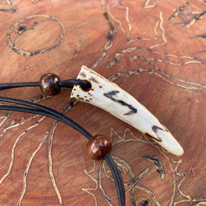 Viking Pendant Carved Deer Antler with Runes - Good Luck Charm - Eihwaz Rune- Norse/Warrior/World Tree/Amulet - Leather Necklace