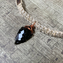 Load image into Gallery viewer, Black Obsidian Arrowhead Necklace – Copper Wrapped Hemp Necklace, Men's Primitive Jewelry
