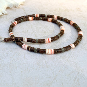 Tropical Tide Necklace – Ocean-Inspired Surfer Jewelry for Men - Red Lip Shell, Pyrite & Coco
