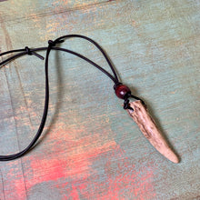 Load image into Gallery viewer, Natural Deer Antler Tip Necklace, Adjustable Leather Cord, Rustic Woodland Pendant, Handmade Nature Jewelry
