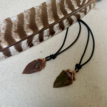 Load image into Gallery viewer, Flint Arrowhead Leather Necklace, Primitive Tribal Pendant, Adjustable Length with Clasp, Men's Rustic Stone Jewelry, Handmade Nature Necklace
