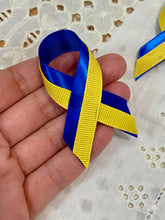 Load image into Gallery viewer, Ukraine Awareness Ribbon Pin – Blue &amp; Yellow Satin Support Badge | I Stand With Ukraine
