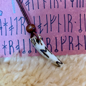 Viking Pendant Carved Deer Antler with Runes - Good Luck Charm - Ehwaz Rune- Norse/Warrior/Partnership/Amulet - Leather Necklace