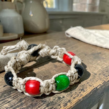 Load image into Gallery viewer, Phatty Hemp Bracelet with Rasta Color Wood Beads | Handmade Surfer Jewelry
