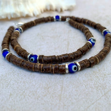 Load image into Gallery viewer, Evil Eye Talisman – Beach-Inspired Necklace - Coconut Shell &amp; Beads - Handmade Shell with Island Vibes

