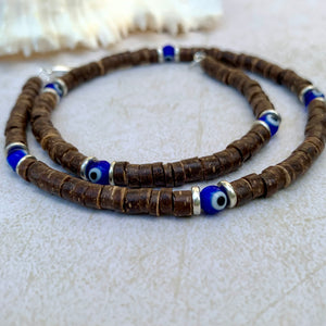 Evil Eye Talisman – Beach-Inspired Necklace - Coconut Shell & Beads - Handmade Shell with Island Vibes