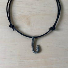 Load image into Gallery viewer, Leather Surfer Necklace with Pewter Fish Hook Pendant – Nautical Men's Jewelry

