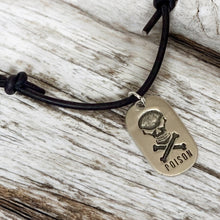 Load image into Gallery viewer, Leather Surfer Necklace with Skull Dog Tag – Edgy Poison Pendant
