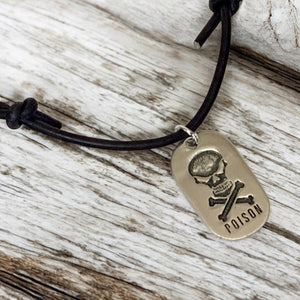 Leather Surfer Necklace with Skull Dog Tag – Edgy Poison Pendant