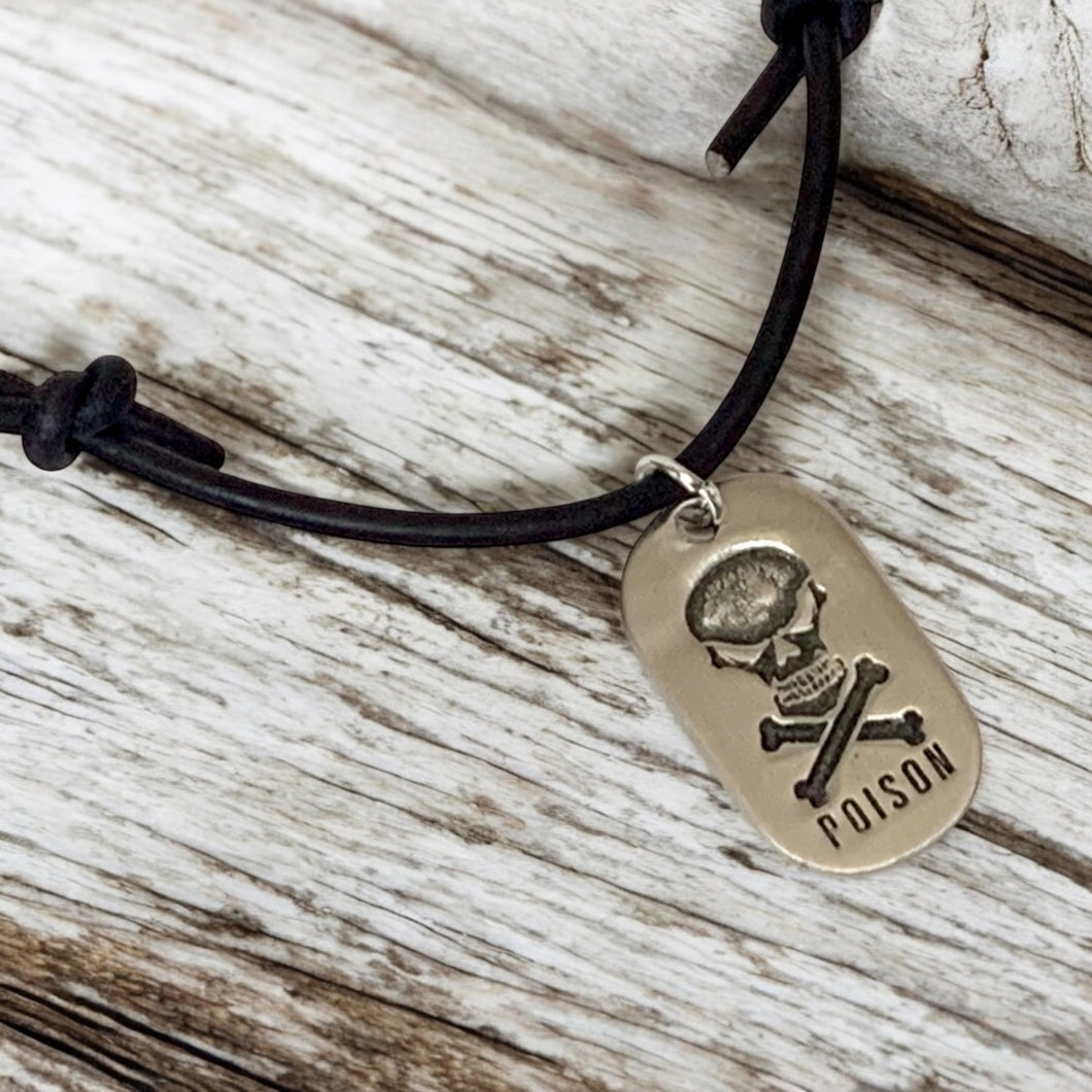 Leather Surfer Necklace with Skull Dog Tag – Edgy Poison Pendant