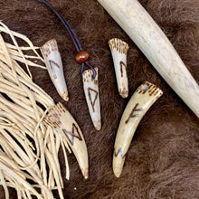Load image into Gallery viewer, Viking Pendant Carved Deer Antler with Runes - Good Luck Charm - Dagaz Rune- Norse/Warrior/Transformation/Amulet - Leather Necklace
