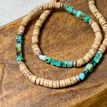 Load image into Gallery viewer, Men’s coastal beaded necklace featuring coconut shell and African turquoise jasper
