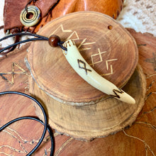 Load image into Gallery viewer, Viking Pendant Carved Deer Antler with Runes - Good Luck Charm - Othala Rune- Norse/Home/Family/Home/Amulet - Leather Necklace
