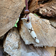 Load image into Gallery viewer, Viking Pendant Carved Deer Antler with Runes - Good Luck Charm - Gebo Rune- Norse/Warrior/Gift/Amulet - Leather Necklace
