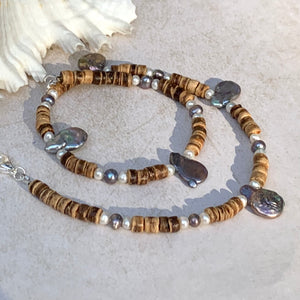 Wave Rider Necklace – Coastal Beaded Unisex Choker - Coconut Shells and Pearls