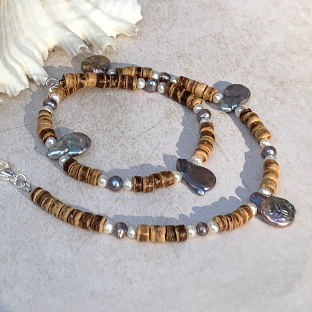 Wave Rider Necklace – Coastal Beaded Unisex Choker - Coconut Shells and Pearls