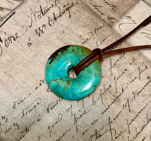 Load image into Gallery viewer, Leather Necklace With Mini Turquoise Donut
