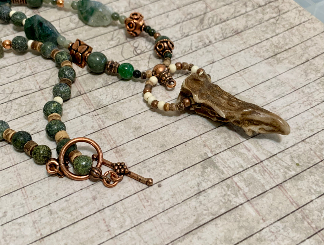 Antler Tip Necklace Green Agate Horn Primitive Jewelry, Tribal Necklace, Rustic Choker OOAK