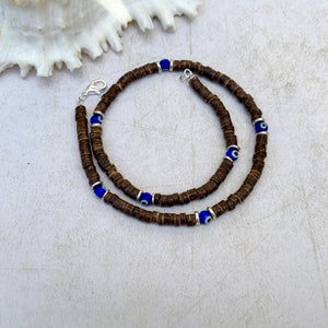 Evil Eye Talisman – Beach-Inspired Necklace - Coconut Shell & Beads - Handmade Shell with Island Vibes