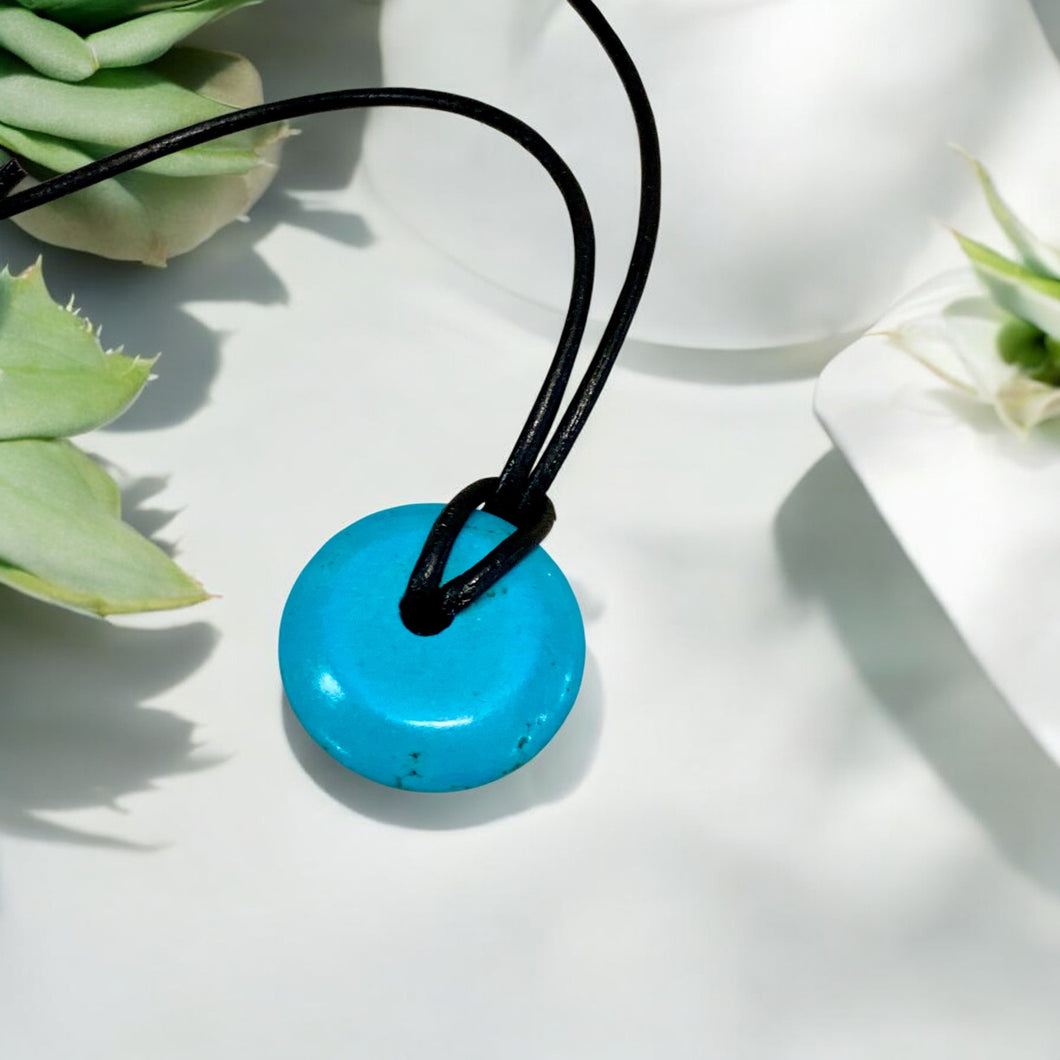 Minimalist Leather Necklace with Mini Turquoise Donut – Boho Western Jewelry