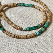 Load image into Gallery viewer, Men’s coastal beaded necklace featuring coconut shell and African turquoise jasper
