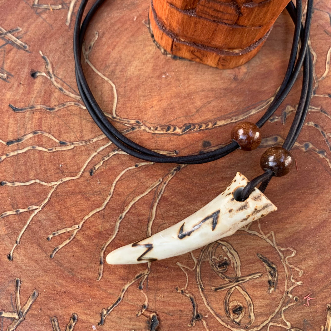 Viking Pendant Carved Deer Antler with Runes - Good Luck Charm - Eihwaz Rune- Norse/Warrior/World Tree/Amulet - Leather Necklace