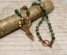 Load image into Gallery viewer, Antler Tip Necklace Green Agate Horn Primitive Jewelry, Tribal Necklace, Rustic Choker OOAK
