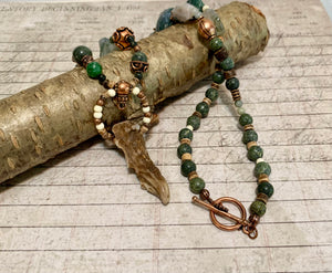 Antler Tip Necklace Green Agate Horn Primitive Jewelry, Tribal Necklace, Rustic Choker OOAK