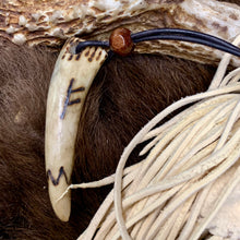 Load image into Gallery viewer, Viking Pendant Carved Deer Antler with Runes - Good Luck Charm -Fehu Rune- Norse/Warrior/Protection/Amulet - Leather Necklace
