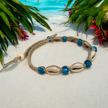 Load image into Gallery viewer, Hemp Necklace Natural with Cowrie Shells and Blue Beads
