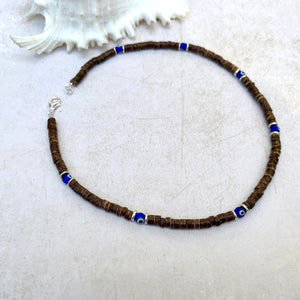 Evil Eye Talisman – Beach-Inspired Necklace - Coconut Shell & Beads - Handmade Shell with Island Vibes
