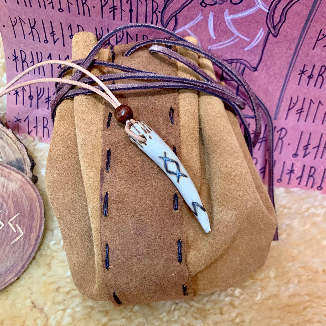 Viking Pendant Carved Deer Antler with Runes - Good Luck Charm - INGWAZ Rune- Norse/Warrior/Protection/Amulet - Leather Necklace