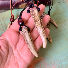 Load image into Gallery viewer, Natural Deer Antler Tip Necklace, Adjustable Leather Cord, Rustic Woodland Pendant, Handmade Nature Jewelry
