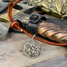 Load image into Gallery viewer, Handmade leather necklace with pewter Celtic knot pendant
