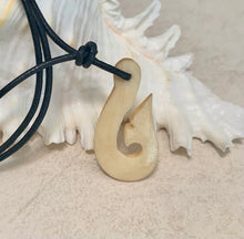 Load image into Gallery viewer, Maori Tribal Style Hand Carved Bone &#39;HEI-MATAU&#39; Fish Hook SAFE JOURNEY Necklace
