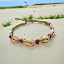 Load image into Gallery viewer, Hemp Necklace Natural with Cowrie Shells and Purple Beads
