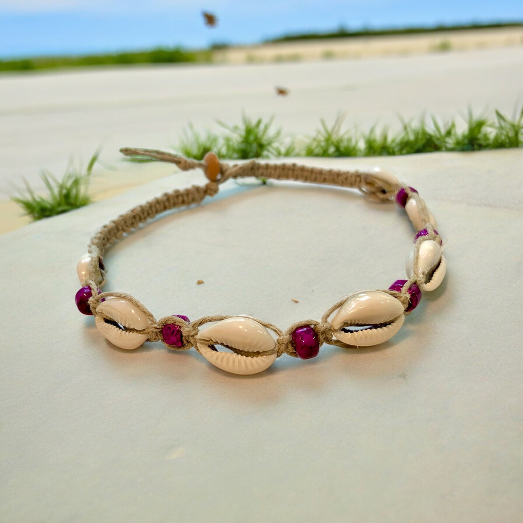 Hemp Necklace Natural with Cowrie Shells and Purple Beads