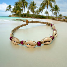 Load image into Gallery viewer, Hemp Necklace Natural with Cowrie Shells and Purple Beads
