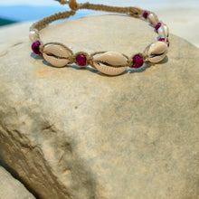 Load image into Gallery viewer, Hemp Necklace Natural with Cowrie Shells and Purple Beads
